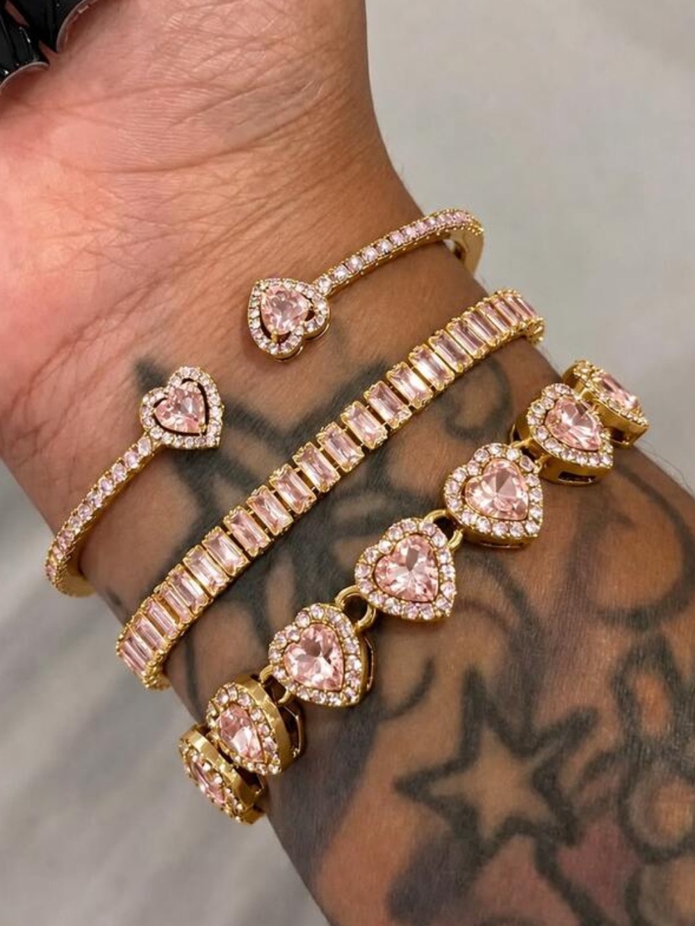 Gold & Pink Heart Crystal Bracelet Set - Women Jewelry